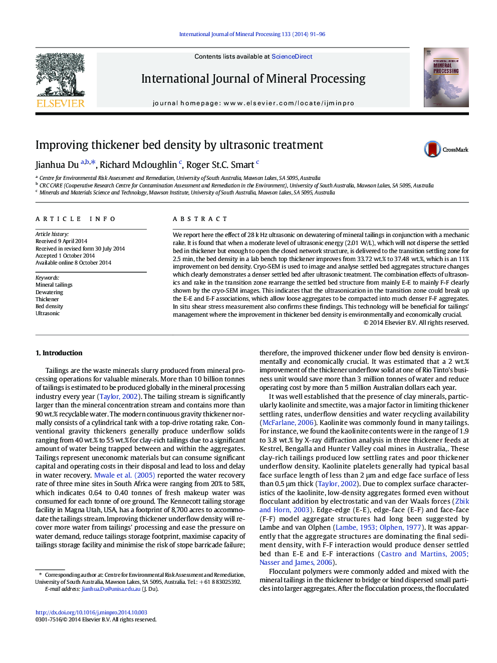 Improving thickener bed density by ultrasonic treatment