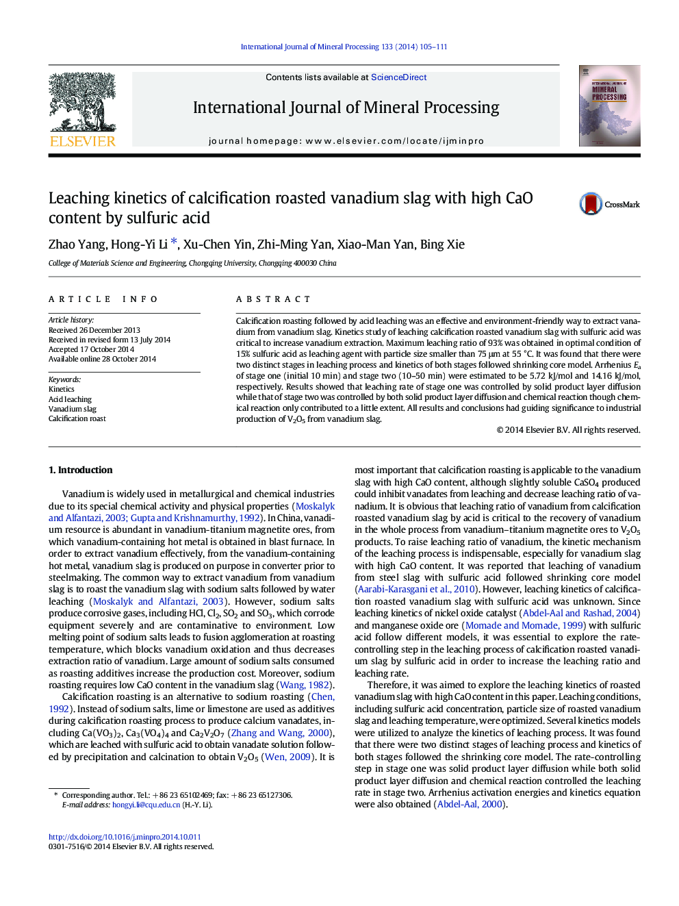 Leaching kinetics of calcification roasted vanadium slag with high CaO content by sulfuric acid