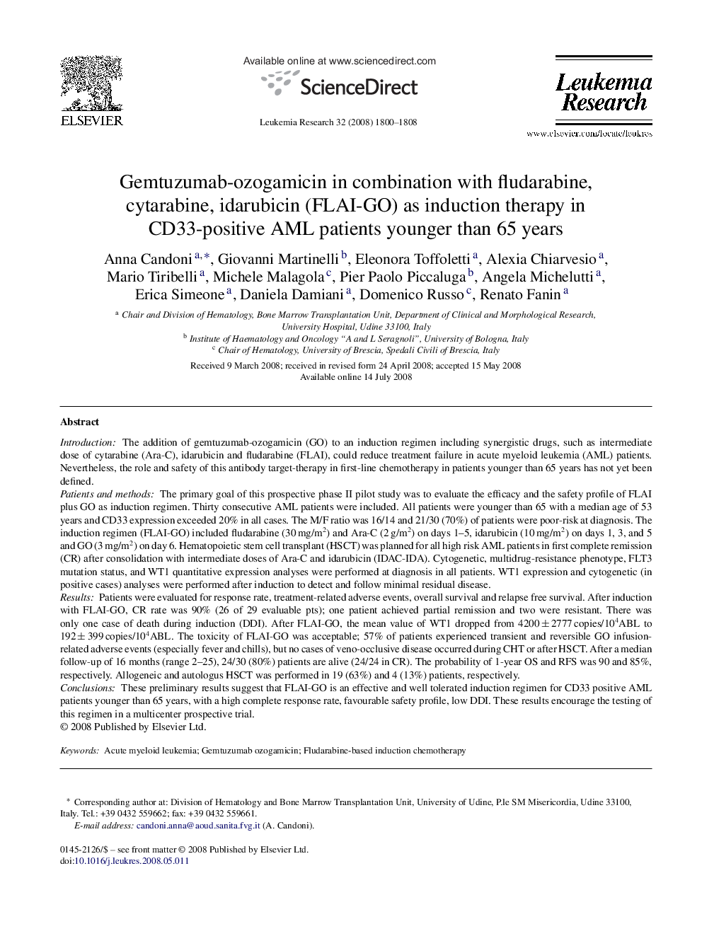 Gemtuzumab-ozogamicin in combination with fludarabine, cytarabine, idarubicin (FLAI-GO) as induction therapy in CD33-positive AML patients younger than 65 years