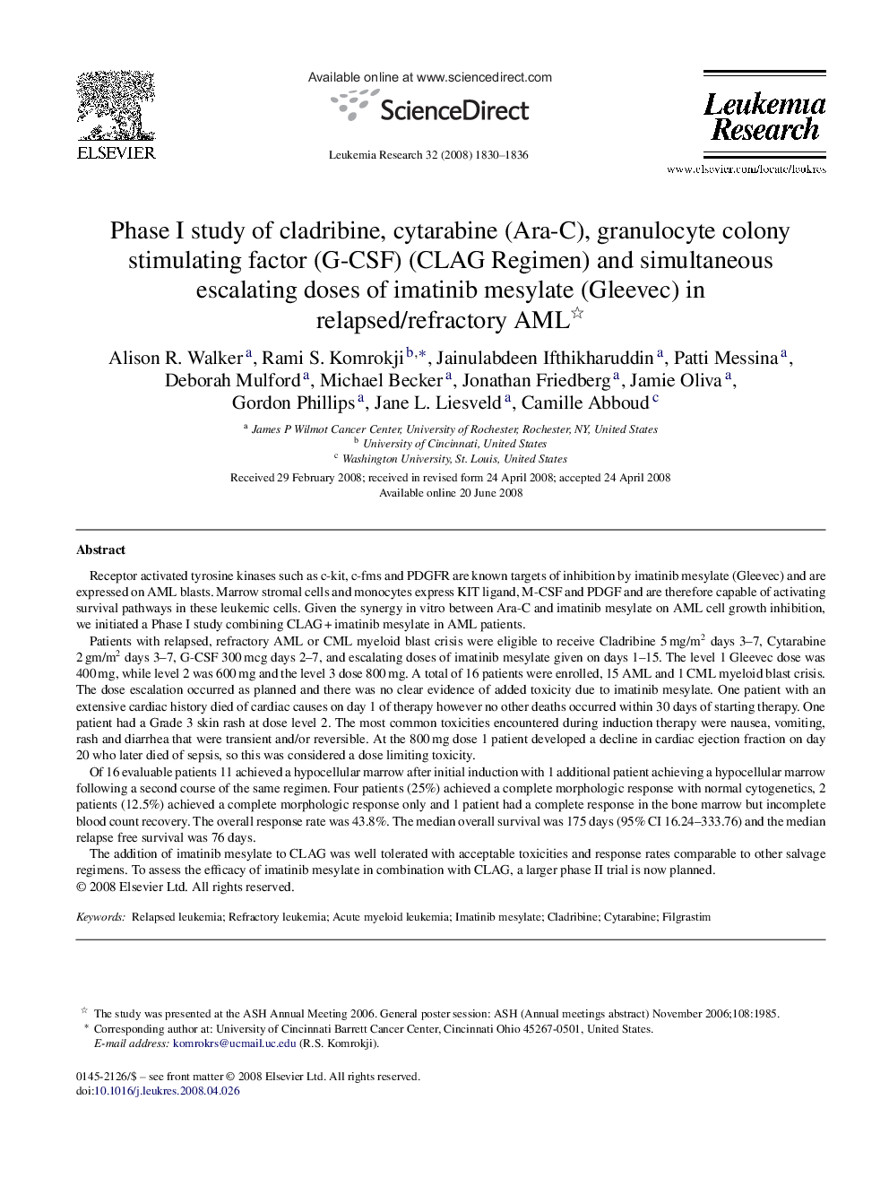 Phase I study of cladribine, cytarabine (Ara-C), granulocyte colony stimulating factor (G-CSF) (CLAG Regimen) and simultaneous escalating doses of imatinib mesylate (Gleevec) in relapsed/refractory AML 