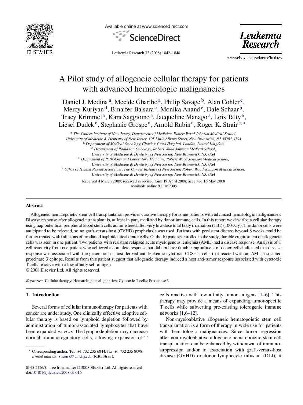 A Pilot study of allogeneic cellular therapy for patients with advanced hematologic malignancies