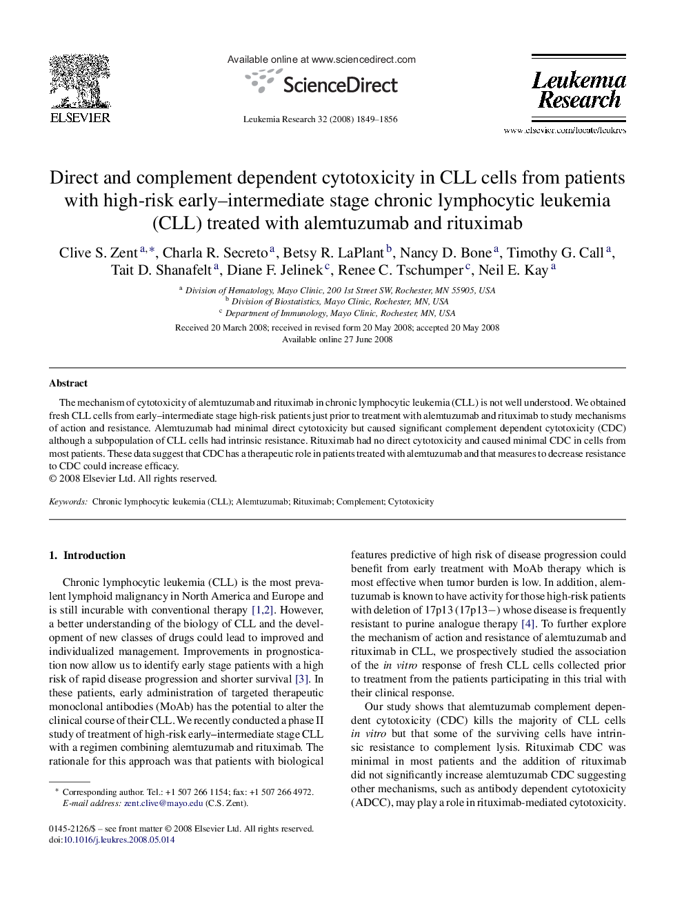 Direct and complement dependent cytotoxicity in CLL cells from patients with high-risk early–intermediate stage chronic lymphocytic leukemia (CLL) treated with alemtuzumab and rituximab