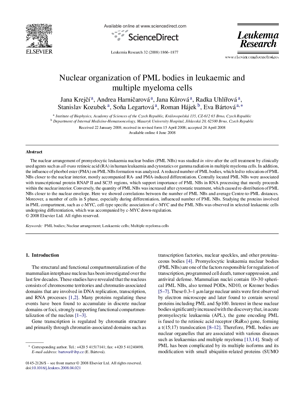 Nuclear organization of PML bodies in leukaemic and multiple myeloma cells