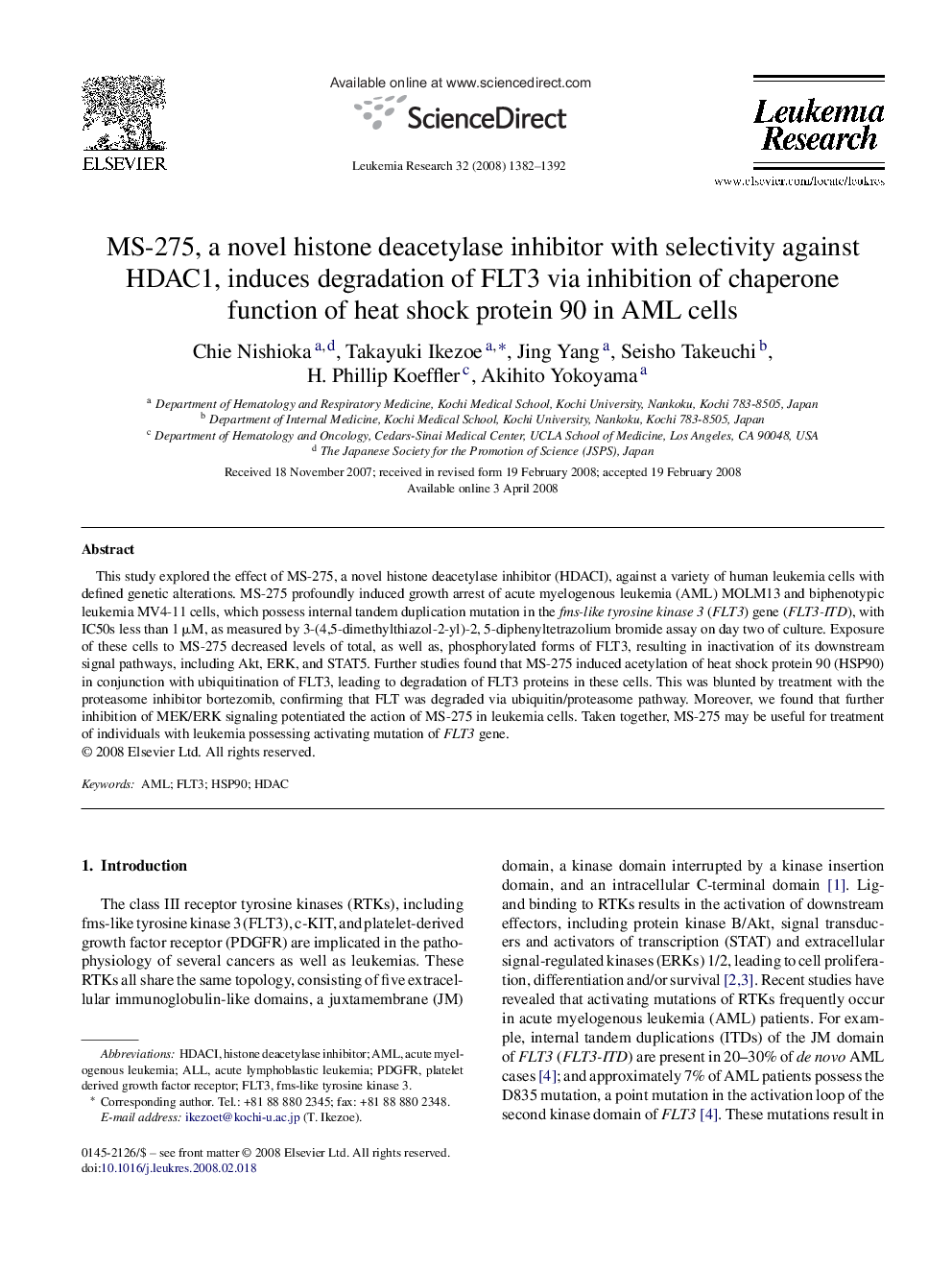 MS-275, a novel histone deacetylase inhibitor with selectivity against HDAC1, induces degradation of FLT3 via inhibition of chaperone function of heat shock protein 90 in AML cells