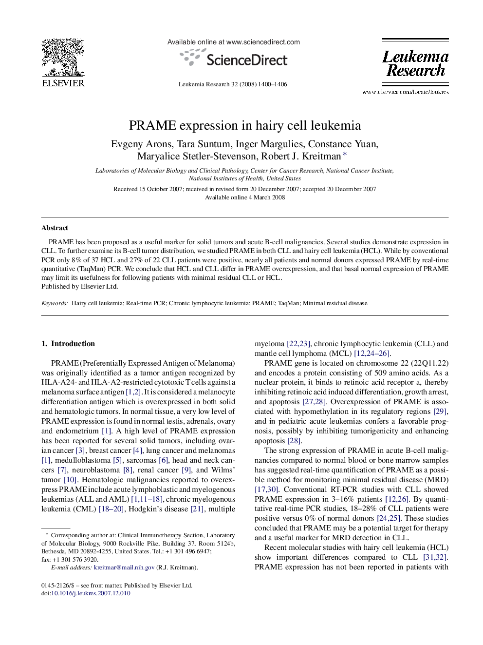 PRAME expression in hairy cell leukemia