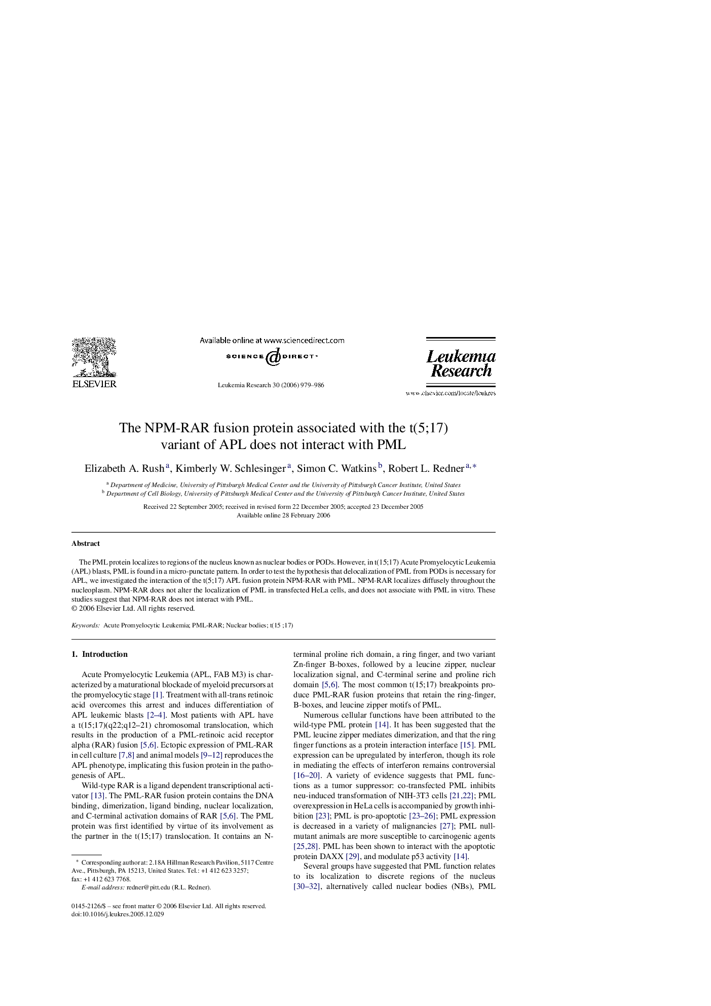 The NPM-RAR fusion protein associated with the t(5;17) variant of APL does not interact with PML