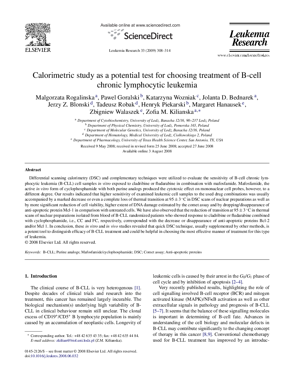 Calorimetric study as a potential test for choosing treatment of B-cell chronic lymphocytic leukemia