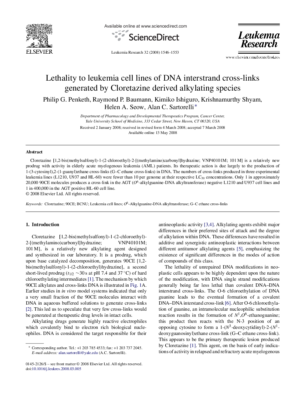 Lethality to leukemia cell lines of DNA interstrand cross-links generated by Cloretazine derived alkylating species