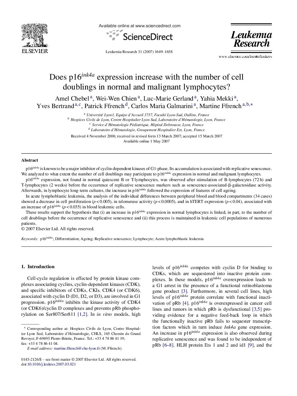 Does p16ink4a expression increase with the number of cell doublings in normal and malignant lymphocytes?