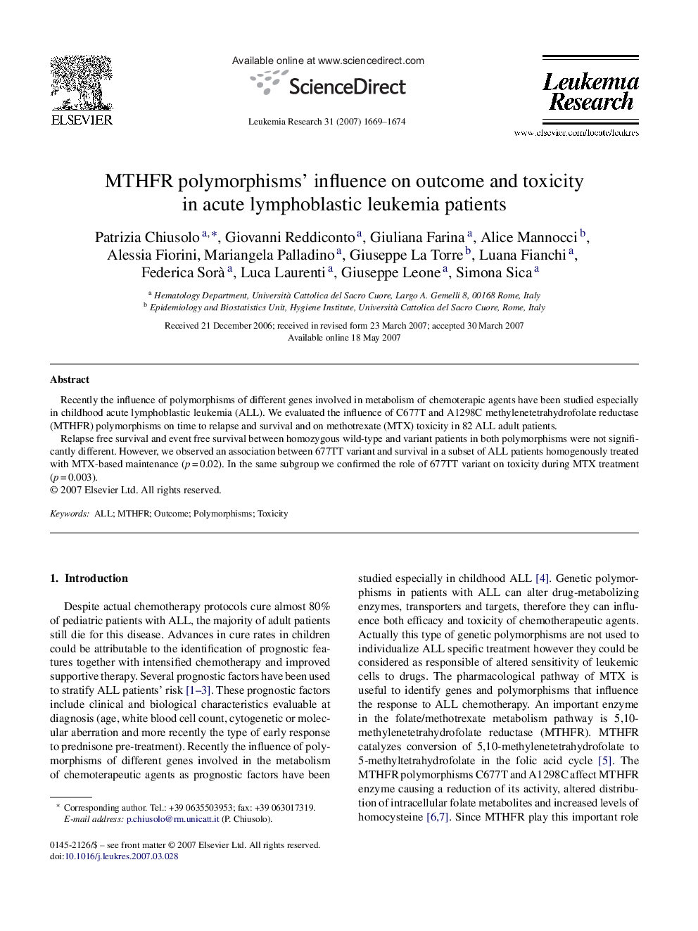 MTHFR polymorphisms’ influence on outcome and toxicity in acute lymphoblastic leukemia patients