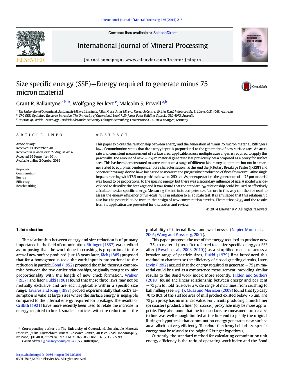 Size specific energy (SSE)—Energy required to generate minus 75 micron material