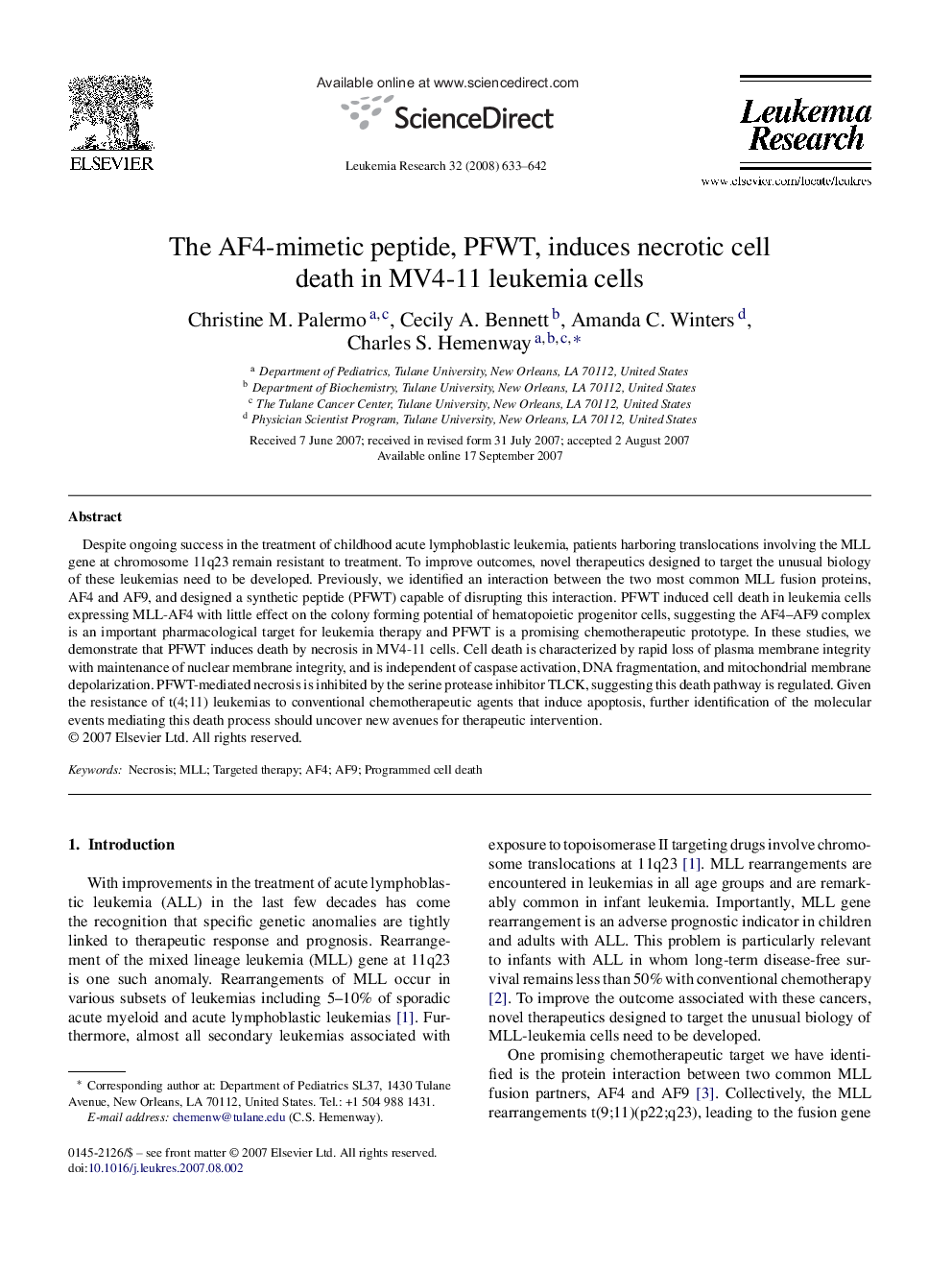 The AF4-mimetic peptide, PFWT, induces necrotic cell death in MV4-11 leukemia cells