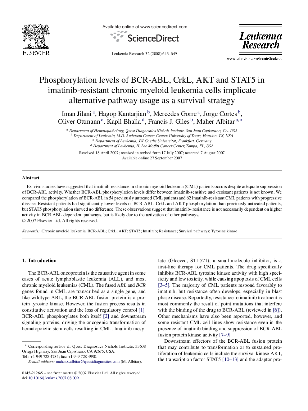 عکس صفحه اول مقاله: Phosphorylation levels of BCR-ABL, CrkL, AKT and STAT5 in imatinib-resistant chronic myeloid leukemia cells implicate alternative pathway usage as a survival strategy Phosphorylation levels of BCR-ABL, CrkL, AKT and STAT5 in imatinib-resistant chronic myeloid leukemia cells implicate alternative pathway usage as a survival strategy