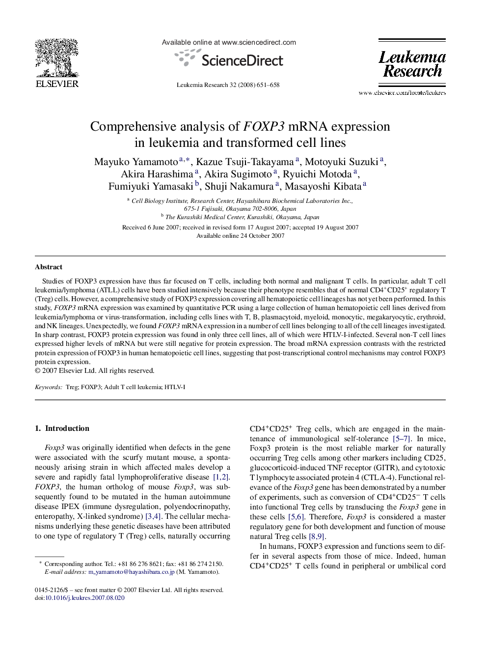 Comprehensive analysis of FOXP3 mRNA expression in leukemia and transformed cell lines