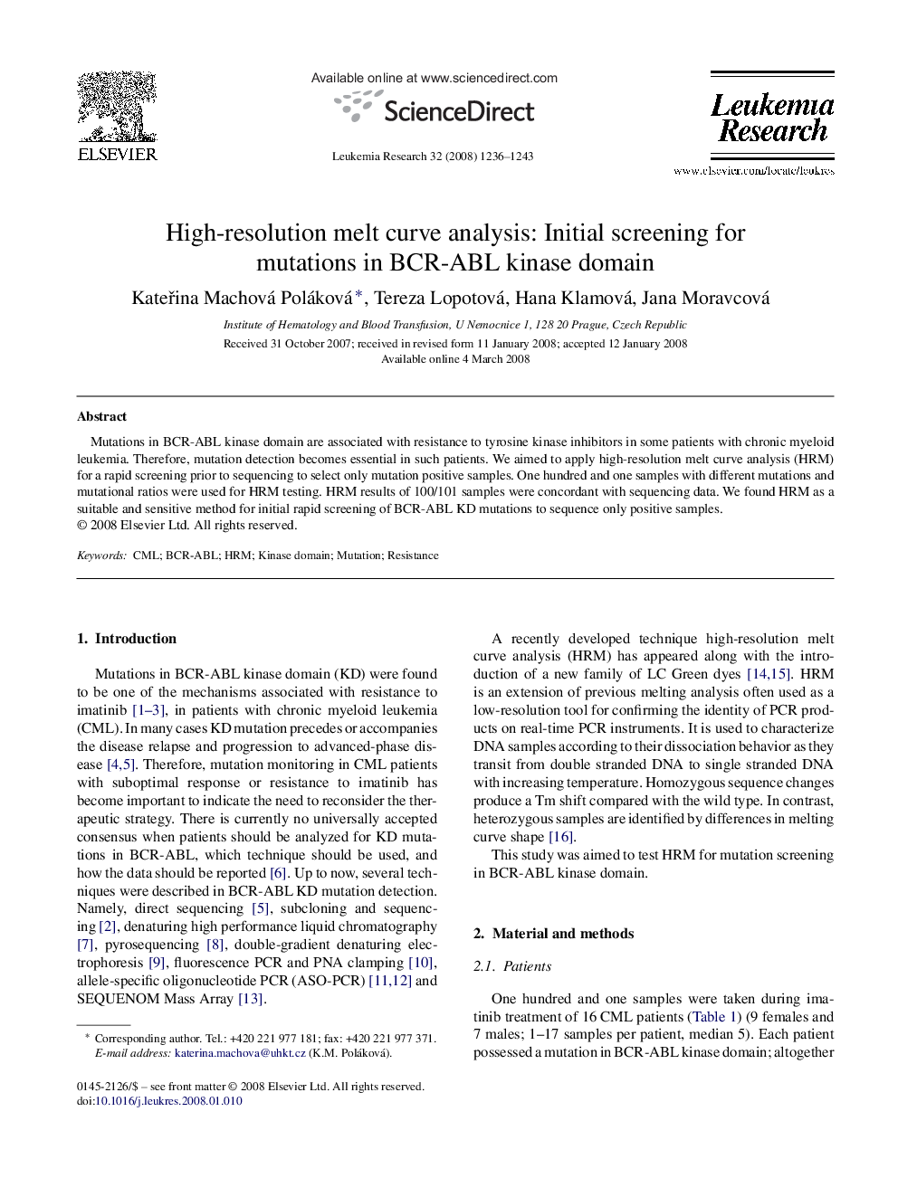 High-resolution melt curve analysis: Initial screening for mutations in BCR-ABL kinase domain