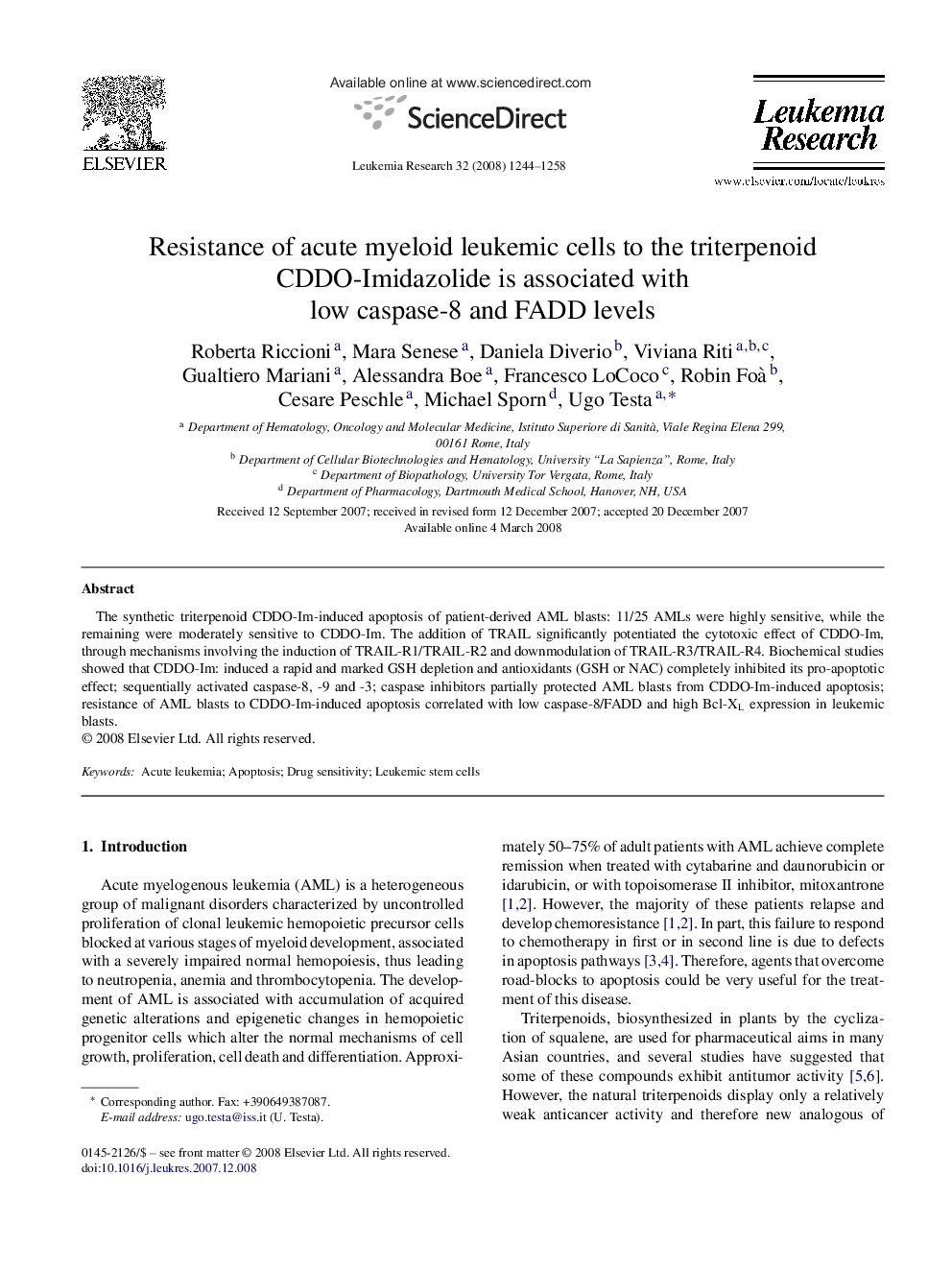 Resistance of acute myeloid leukemic cells to the triterpenoid CDDO-Imidazolide is associated with low caspase-8 and FADD levels