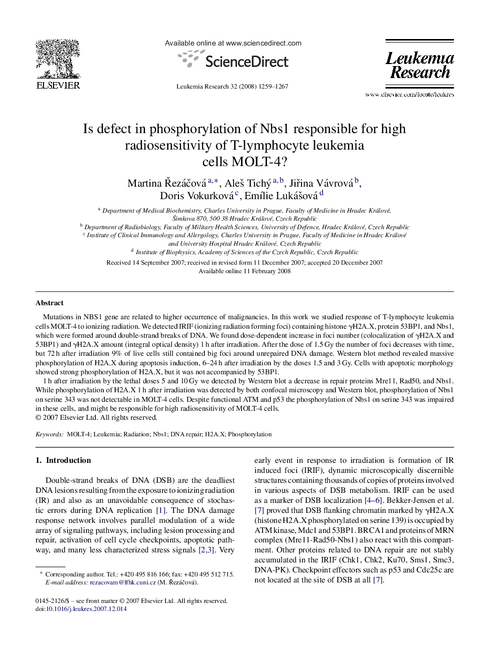 Is defect in phosphorylation of Nbs1 responsible for high radiosensitivity of T-lymphocyte leukemia cells MOLT-4?