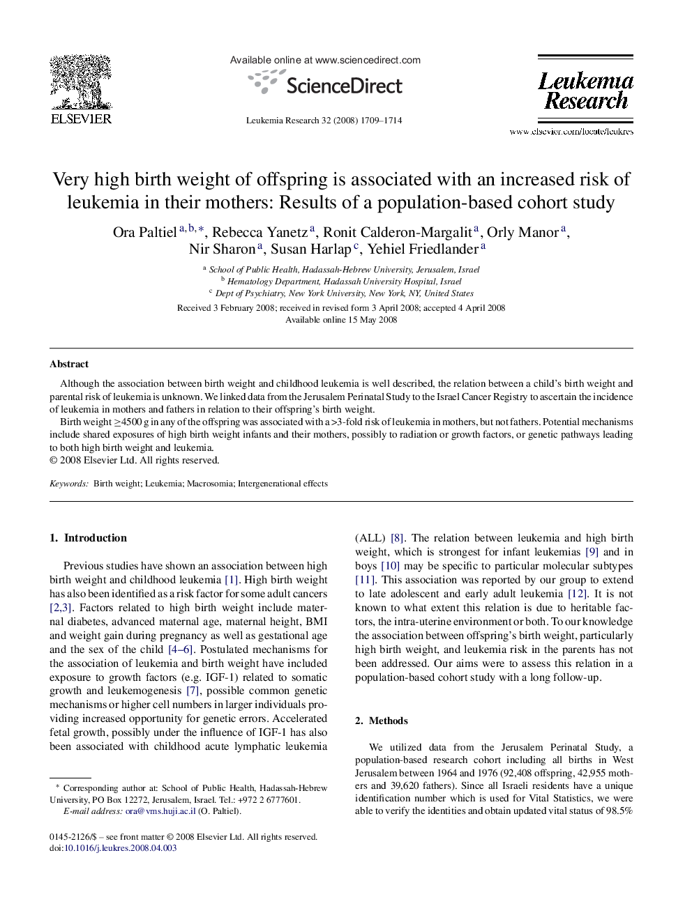 Very high birth weight of offspring is associated with an increased risk of leukemia in their mothers: Results of a population-based cohort study