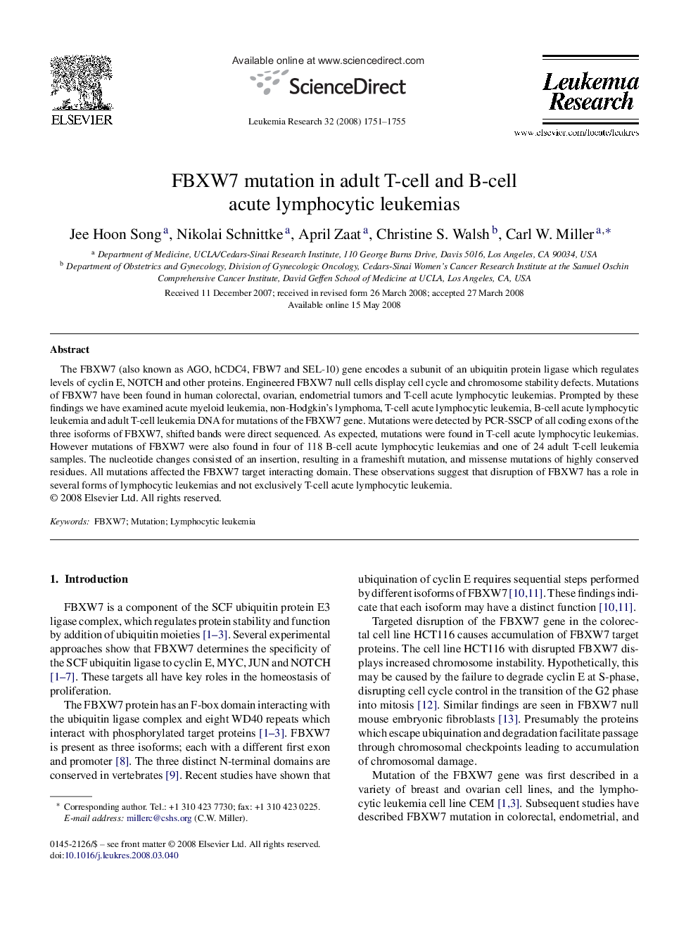 FBXW7 mutation in adult T-cell and B-cell acute lymphocytic leukemias