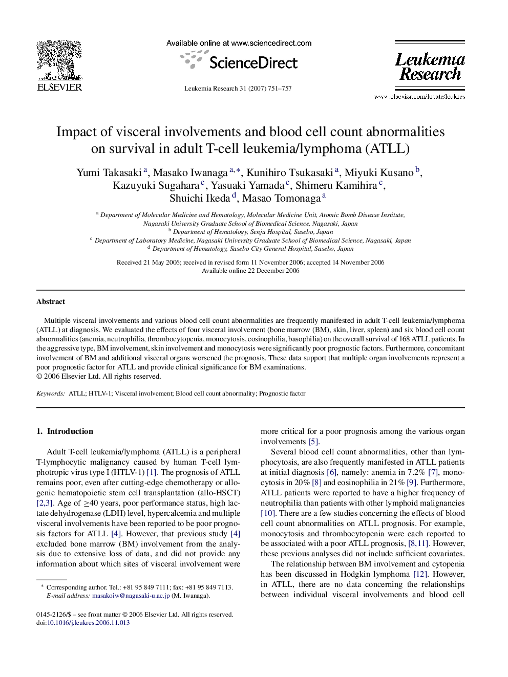 Impact of visceral involvements and blood cell count abnormalities on survival in adult T-cell leukemia/lymphoma (ATLL)