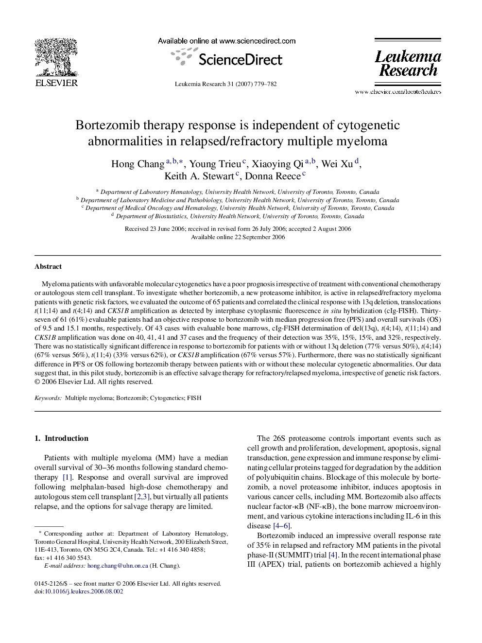 Bortezomib therapy response is independent of cytogenetic abnormalities in relapsed/refractory multiple myeloma