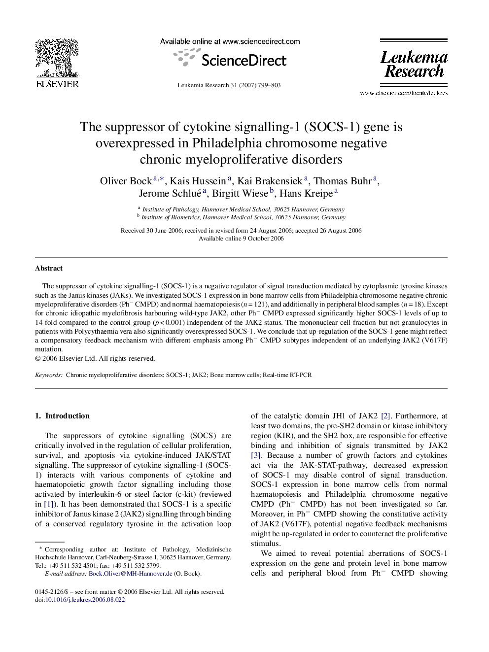 The suppressor of cytokine signalling-1 (SOCS-1) gene is overexpressed in Philadelphia chromosome negative chronic myeloproliferative disorders