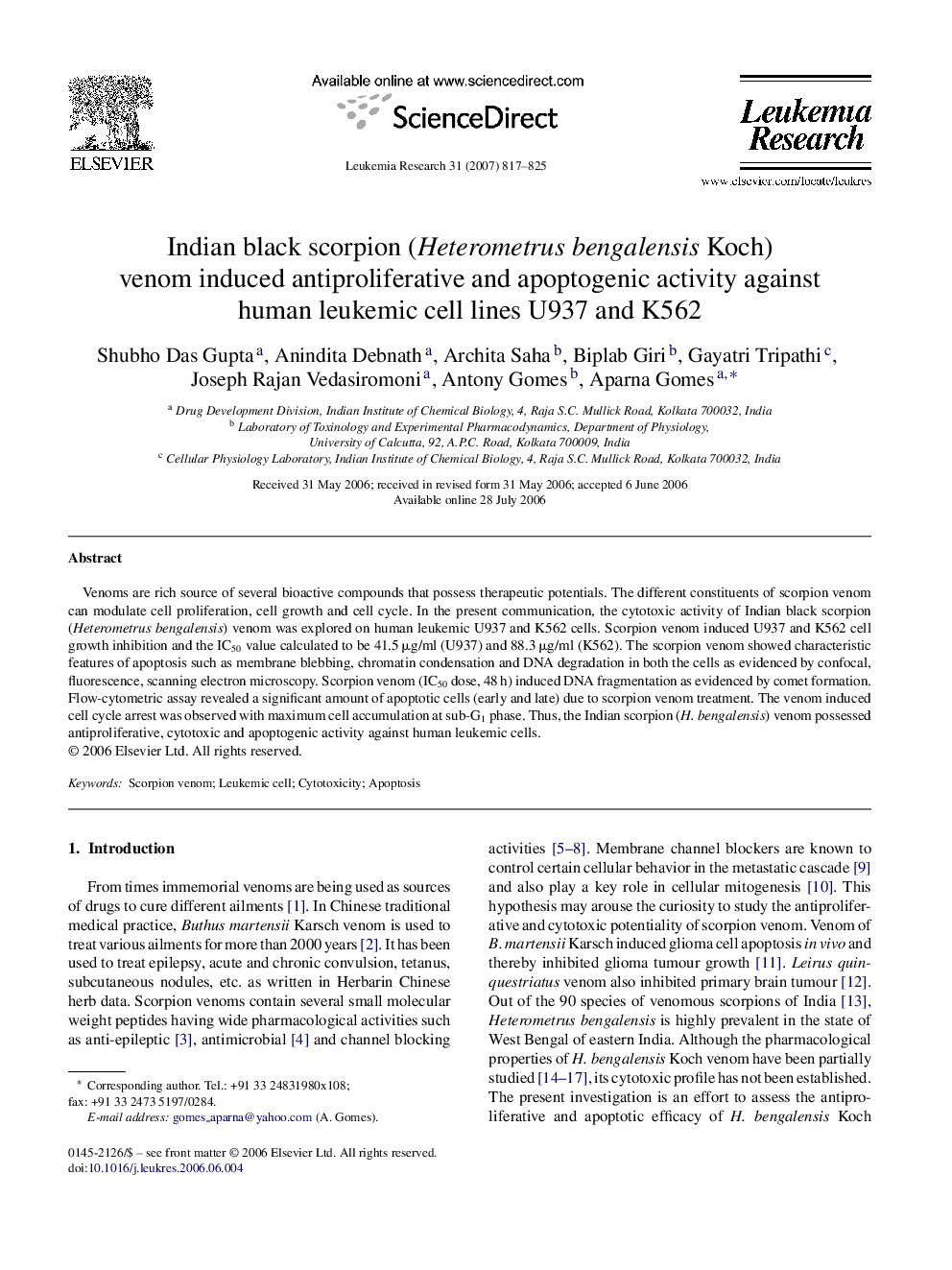 Indian black scorpion (Heterometrus bengalensis Koch) venom induced antiproliferative and apoptogenic activity against human leukemic cell lines U937 and K562