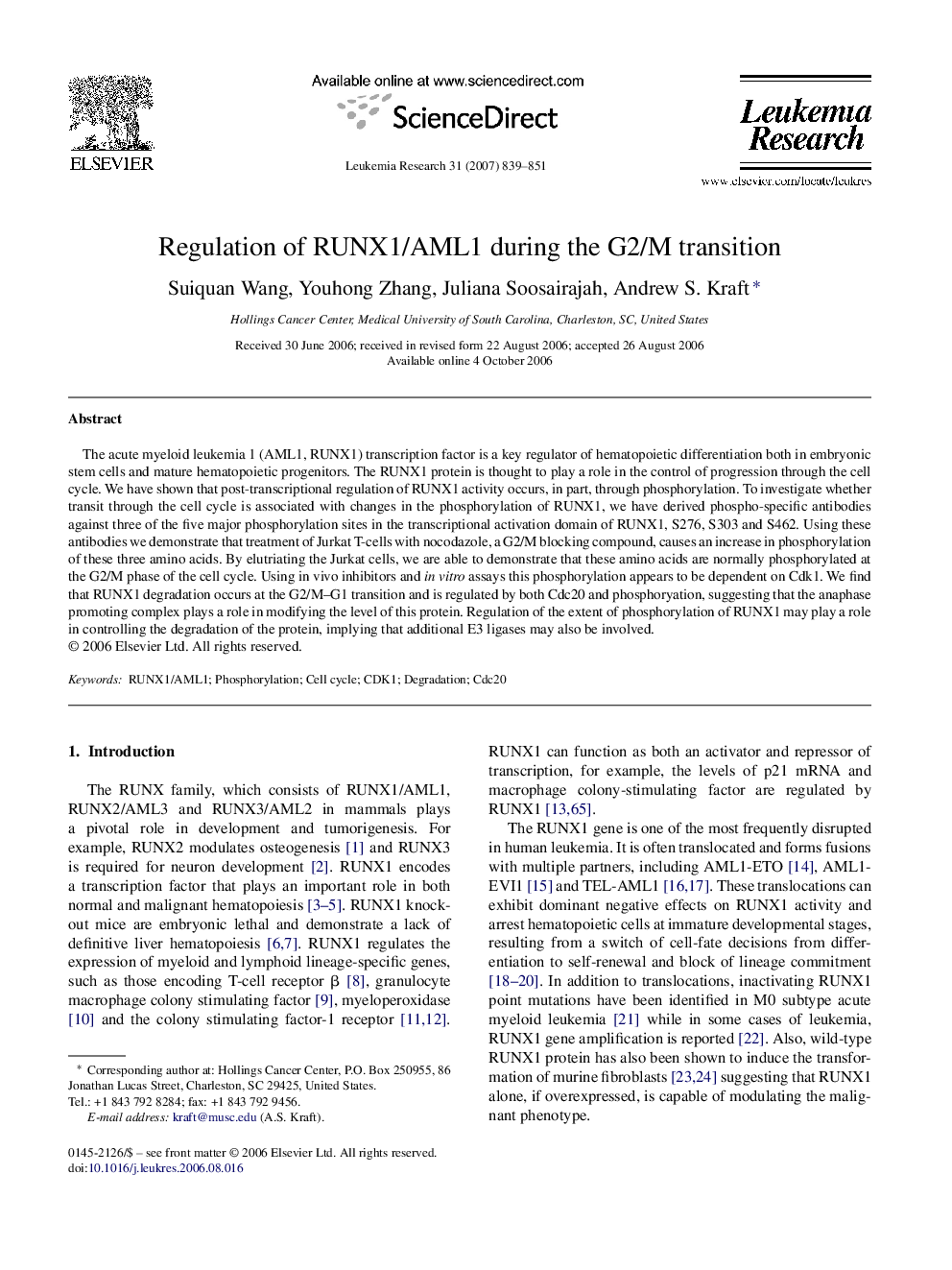 Regulation of RUNX1/AML1 during the G2/M transition