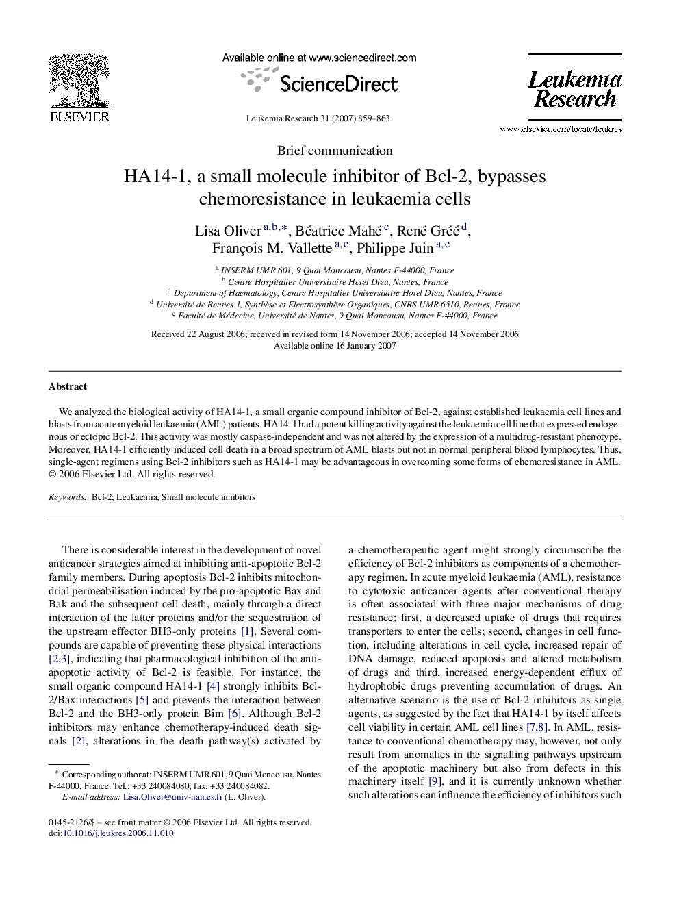 HA14-1, a small molecule inhibitor of Bcl-2, bypasses chemoresistance in leukaemia cells