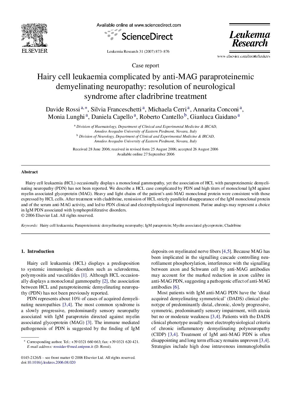 Hairy cell leukaemia complicated by anti-MAG paraproteinemic demyelinating neuropathy: resolution of neurological syndrome after cladribrine treatment