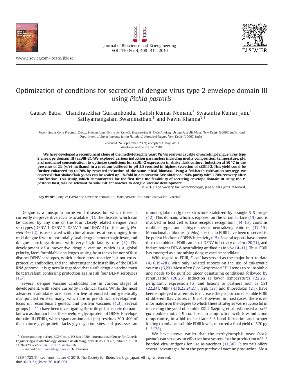 Optimization of conditions for secretion of dengue virus type 2 envelope domain III using Pichia pastoris