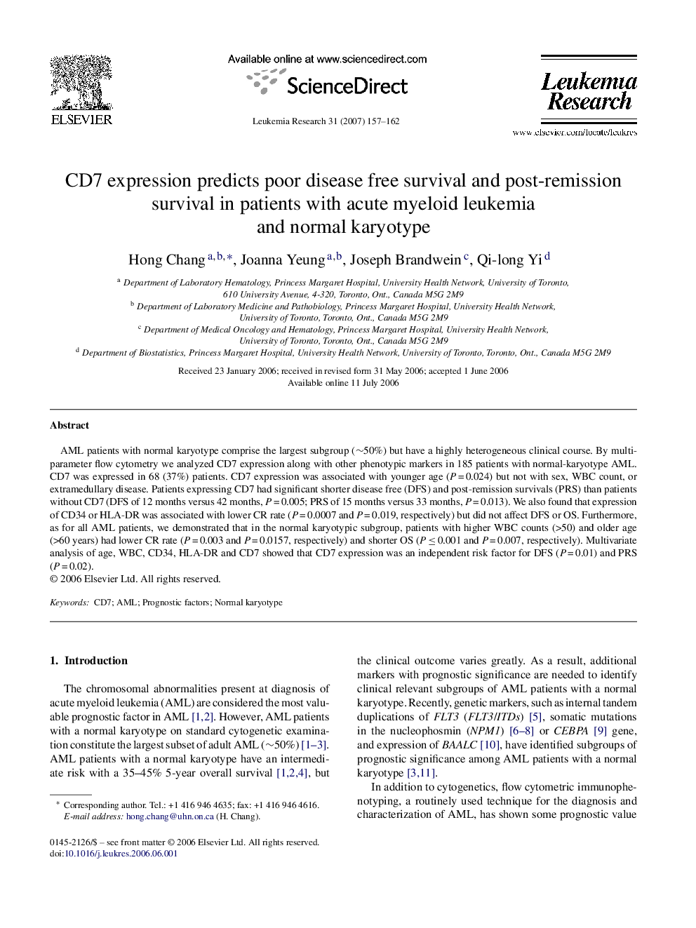 CD7 expression predicts poor disease free survival and post-remission survival in patients with acute myeloid leukemia and normal karyotype