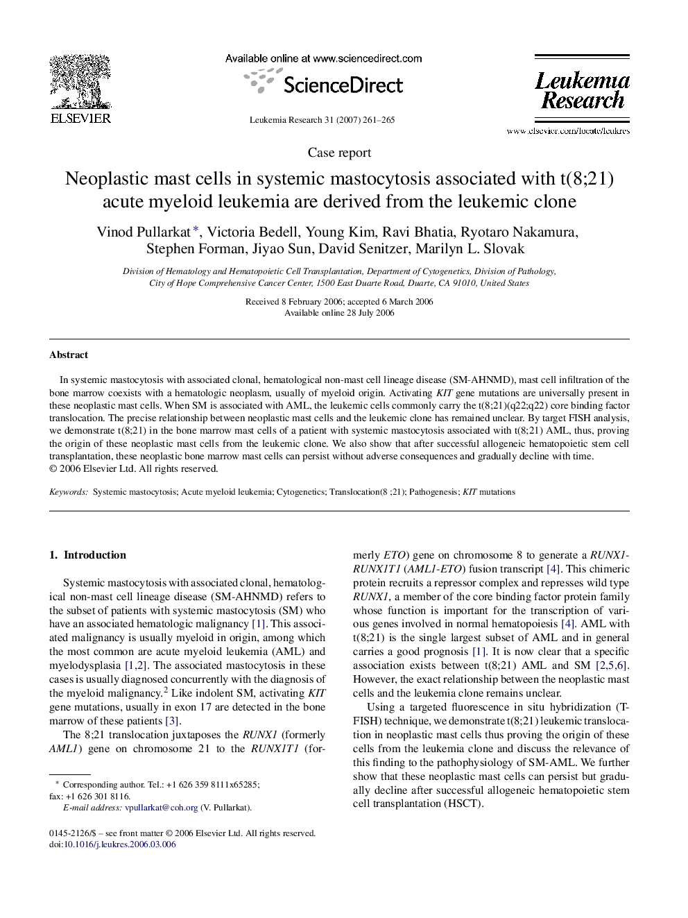 Neoplastic mast cells in systemic mastocytosis associated with t(8;21) acute myeloid leukemia are derived from the leukemic clone