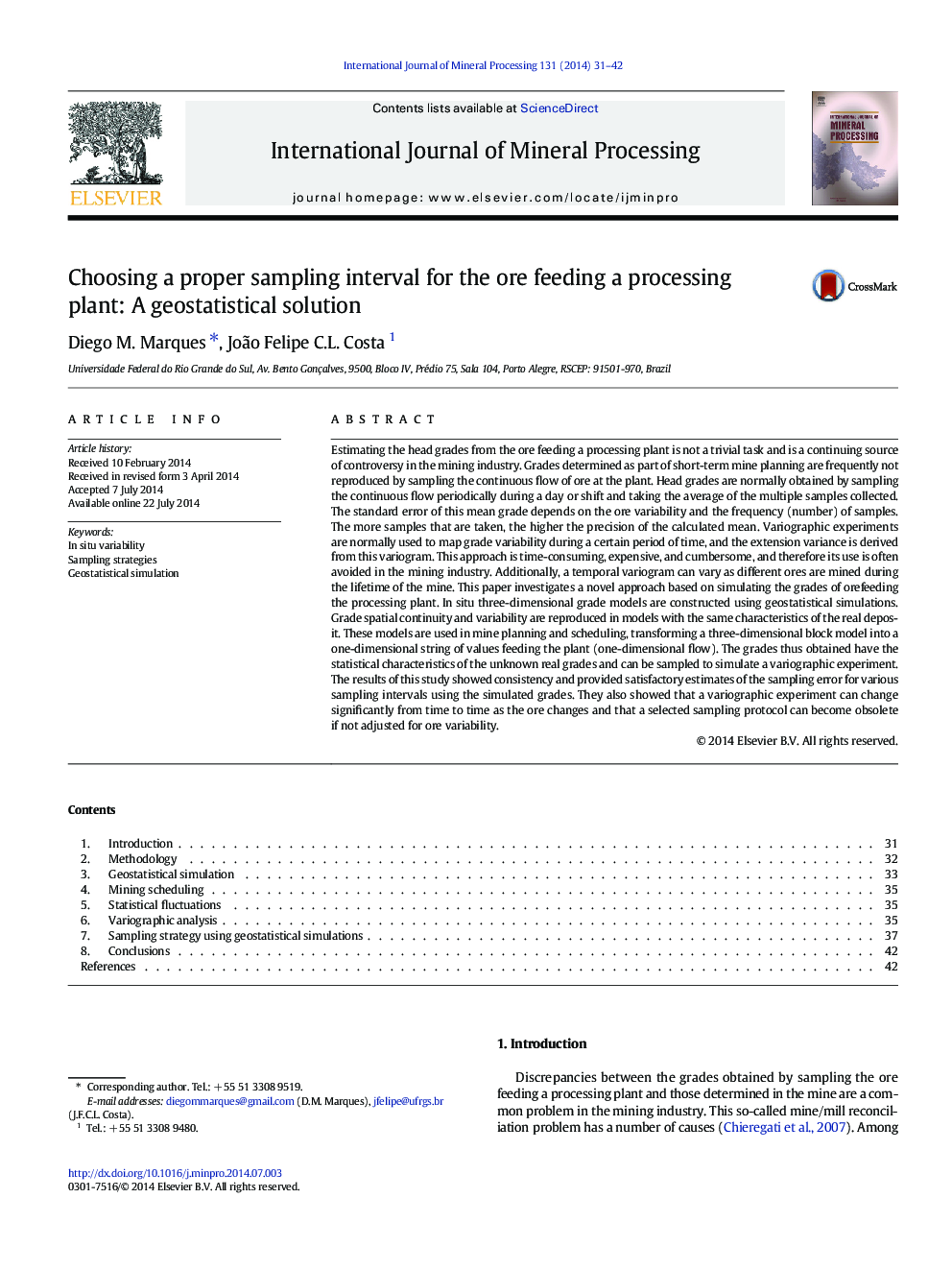 Choosing a proper sampling interval for the ore feeding a processing plant: A geostatistical solution