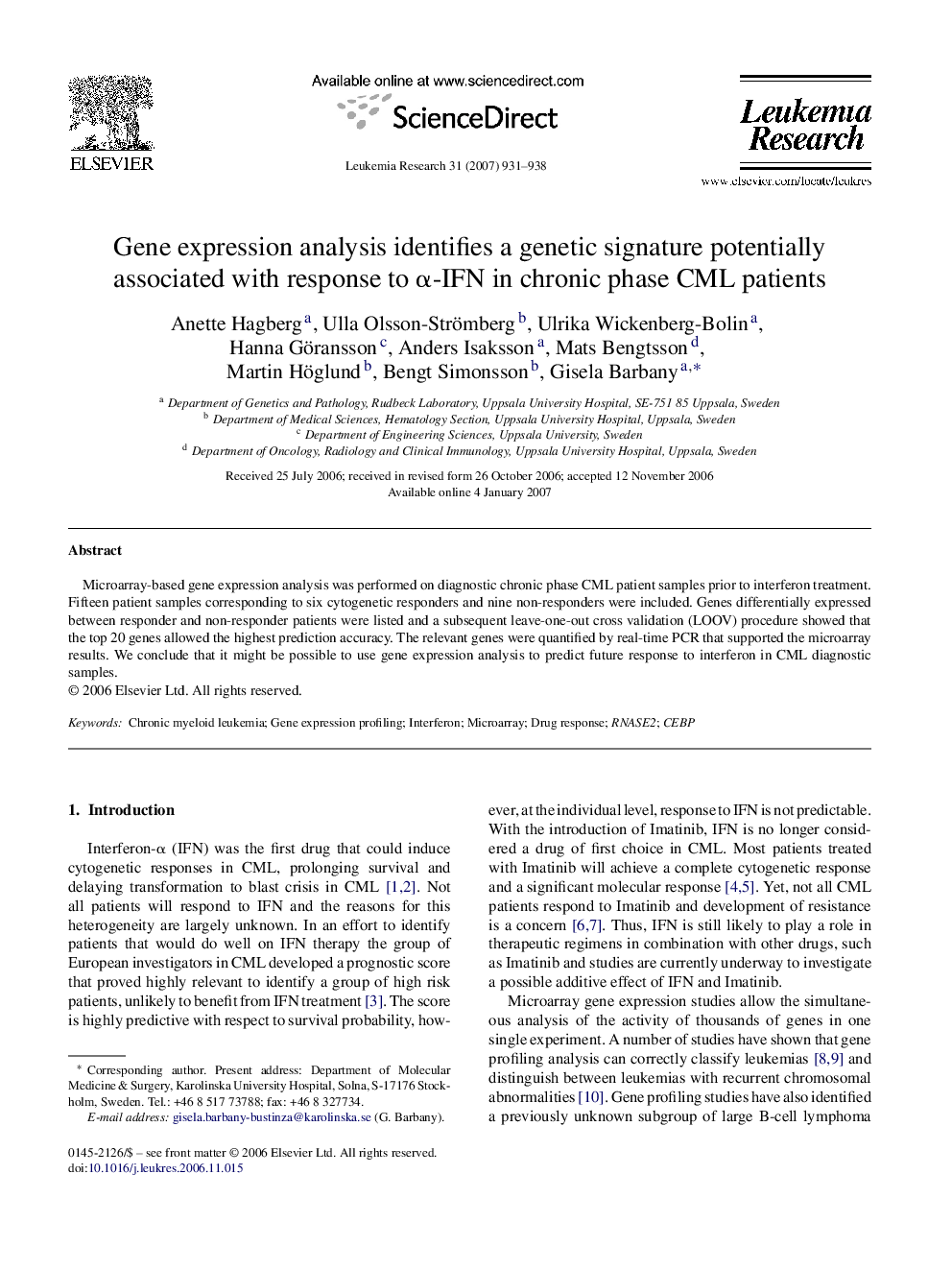 Gene expression analysis identifies a genetic signature potentially associated with response to Î±-IFN in chronic phase CML patients