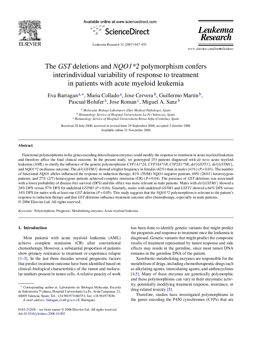 The GST deletions and NQO1*2 polymorphism confers interindividual variability of response to treatment in patients with acute myeloid leukemia