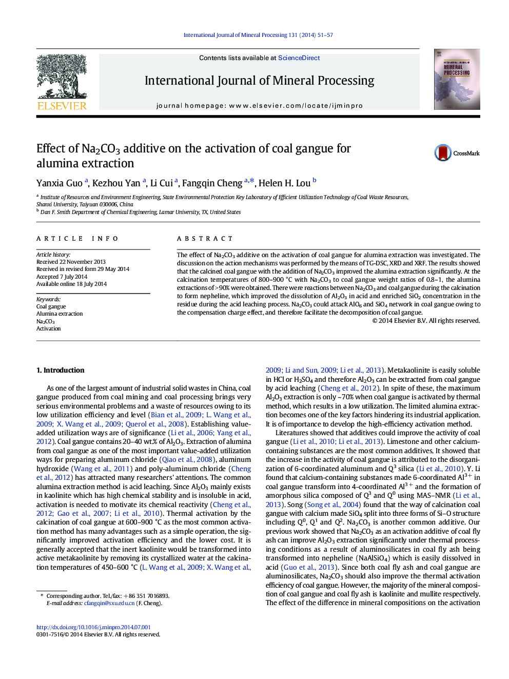 Effect of Na2CO3 additive on the activation of coal gangue for alumina extraction