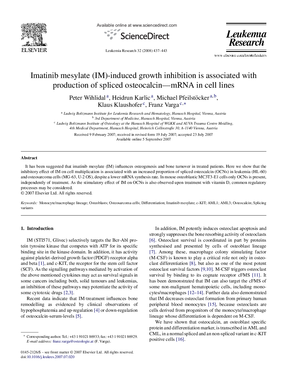 Imatinib mesylate (IM)-induced growth inhibition is associated with production of spliced osteocalcin-mRNA in cell lines