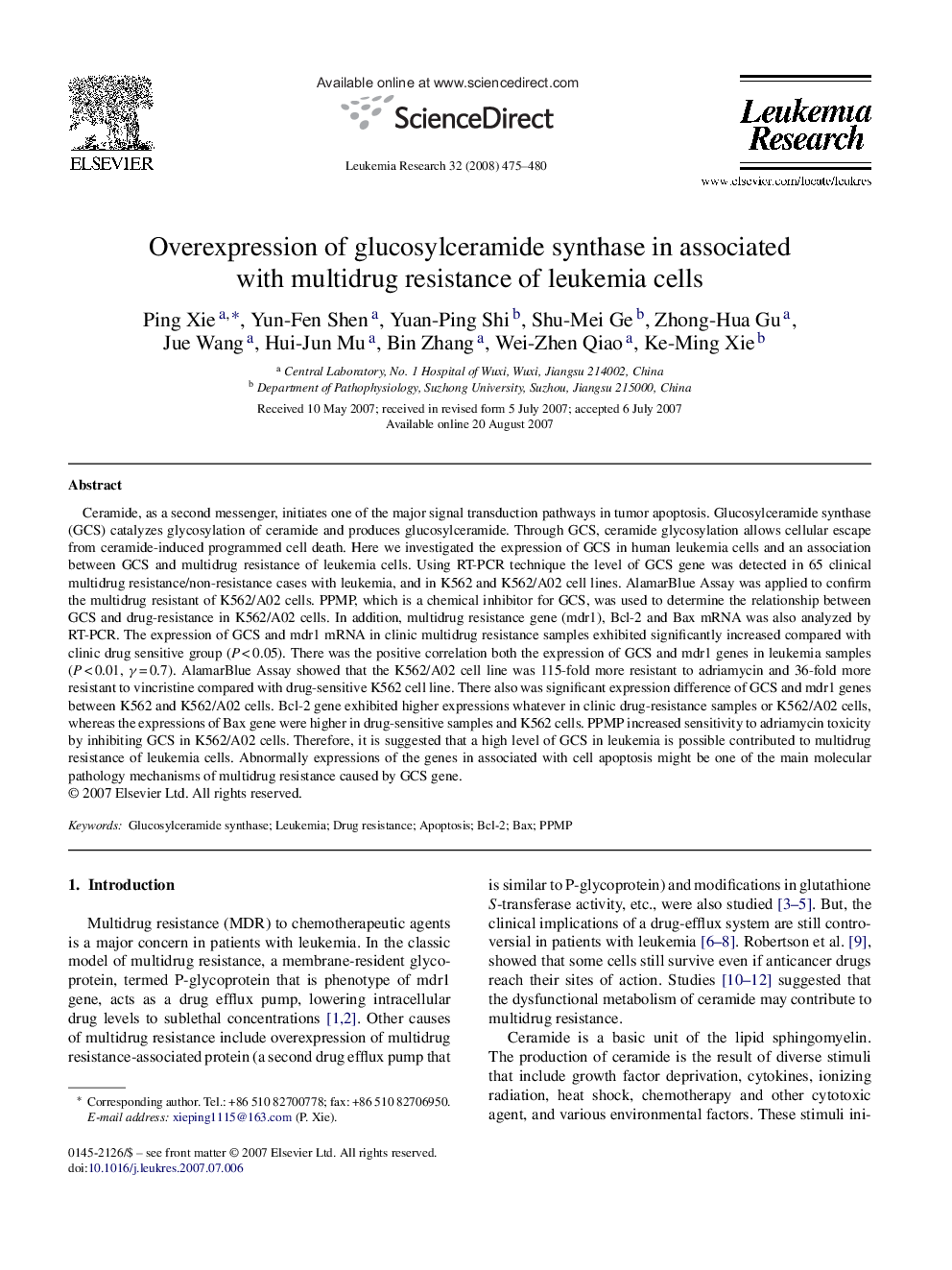 Overexpression of glucosylceramide synthase in associated with multidrug resistance of leukemia cells