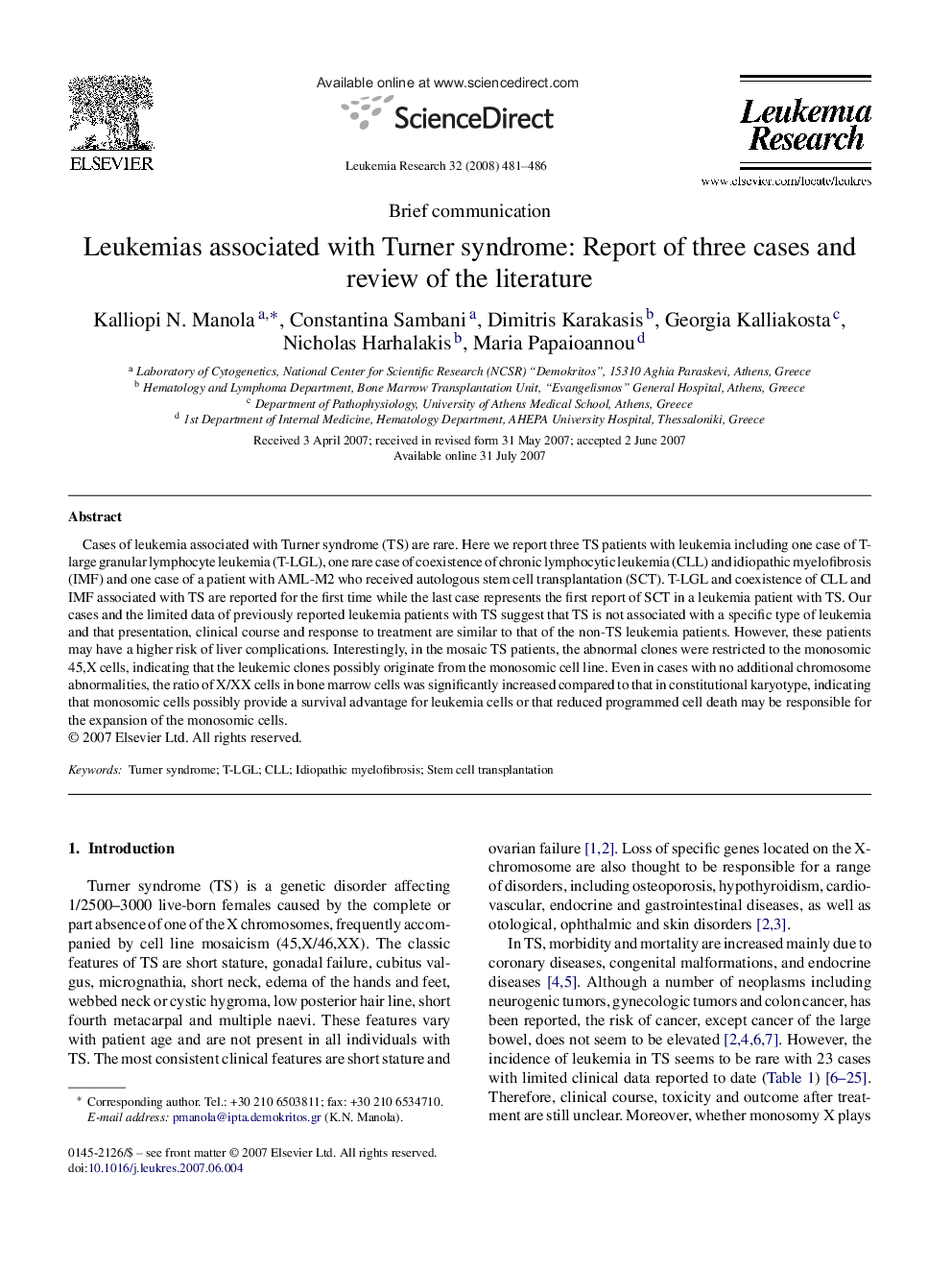 Leukemias associated with Turner syndrome: Report of three cases and review of the literature