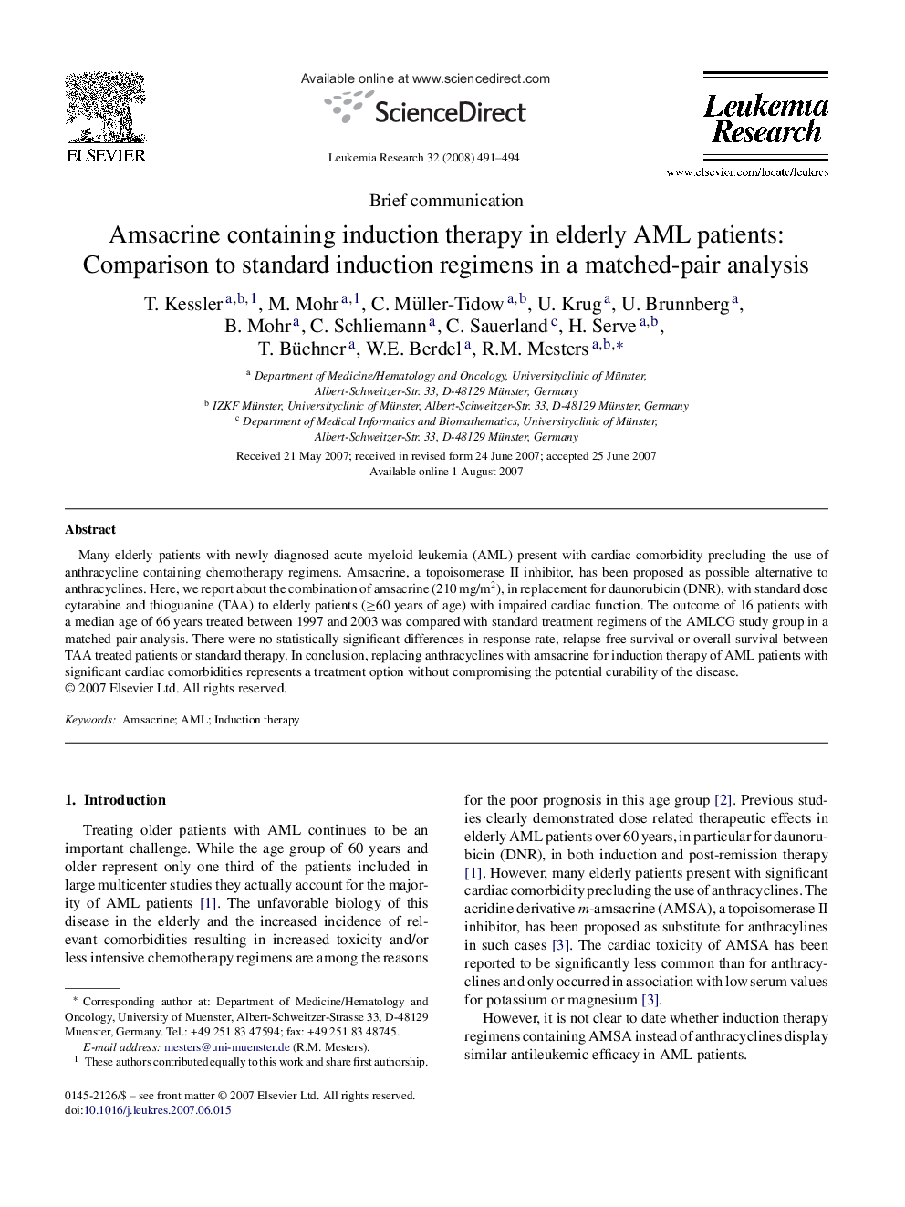 Amsacrine containing induction therapy in elderly AML patients: Comparison to standard induction regimens in a matched-pair analysis