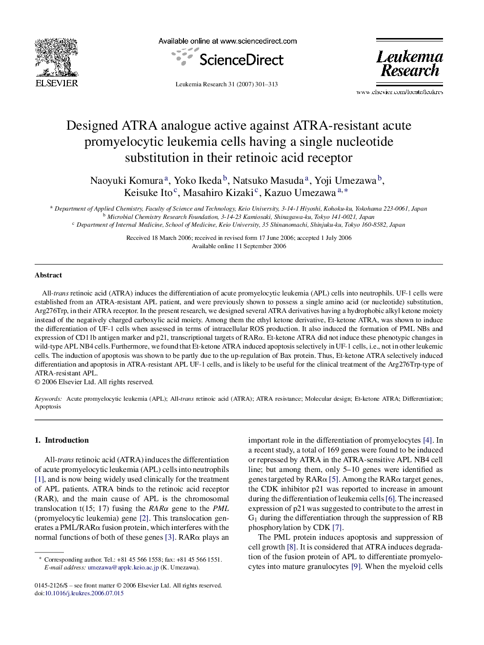 Designed ATRA analogue active against ATRA-resistant acute promyelocytic leukemia cells having a single nucleotide substitution in their retinoic acid receptor