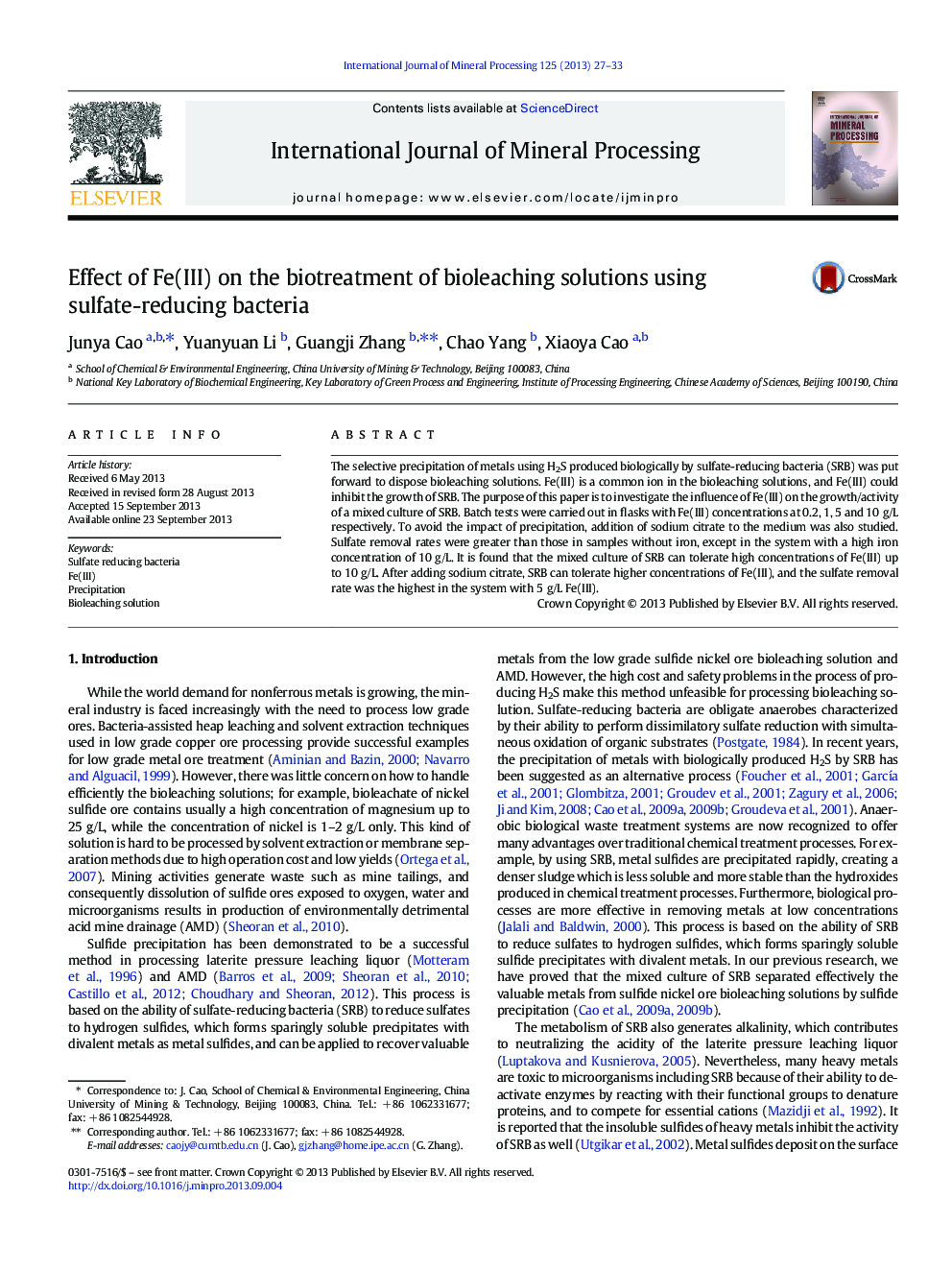 Effect of Fe(III) on the biotreatment of bioleaching solutions using sulfate-reducing bacteria