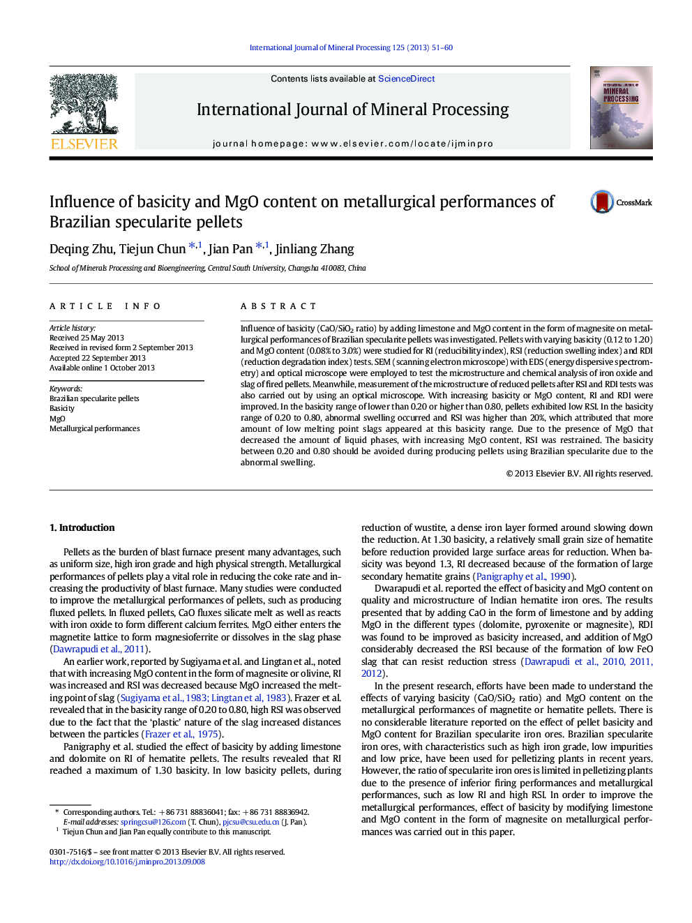 Influence of basicity and MgO content on metallurgical performances of Brazilian specularite pellets