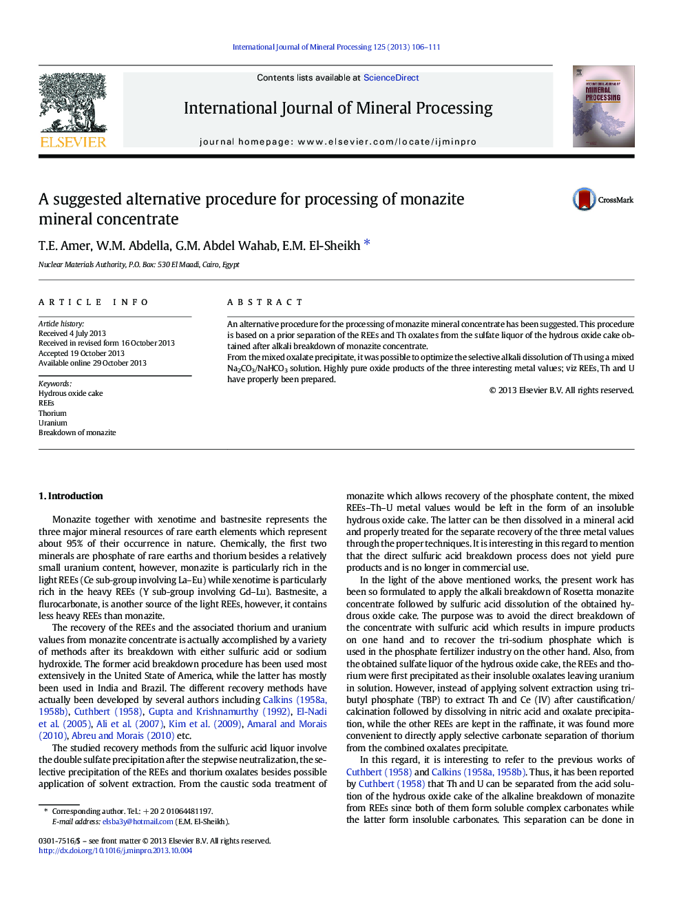 A suggested alternative procedure for processing of monazite mineral concentrate