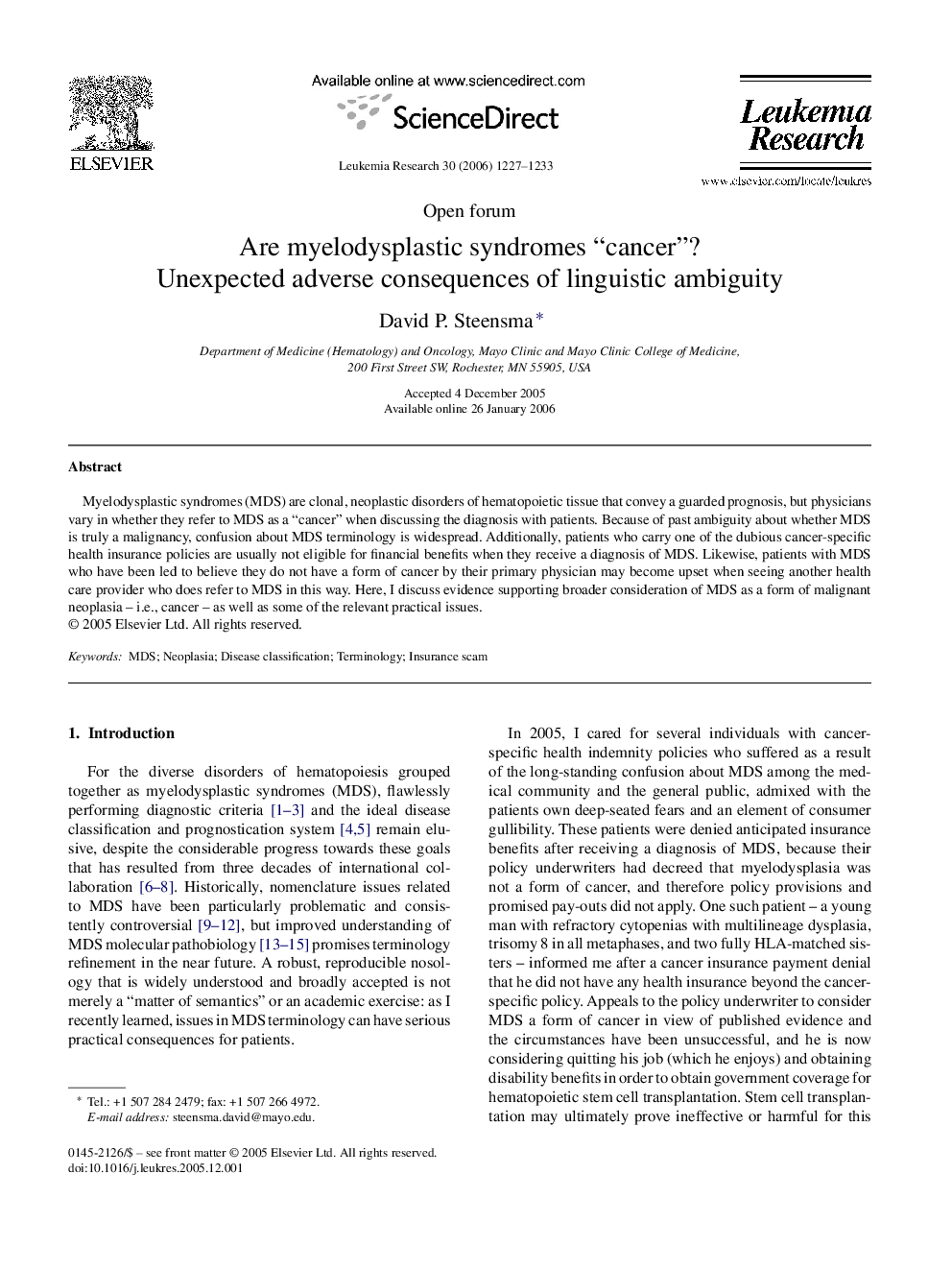 Are myelodysplastic syndromes “cancer”?: Unexpected adverse consequences of linguistic ambiguity