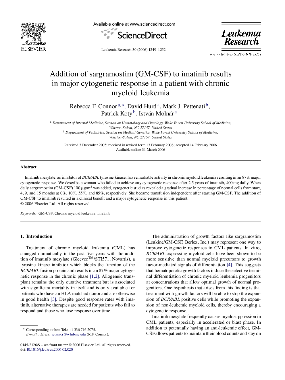 Addition of sargramostim (GM-CSF) to imatinib results in major cytogenetic response in a patient with chronic myeloid leukemia