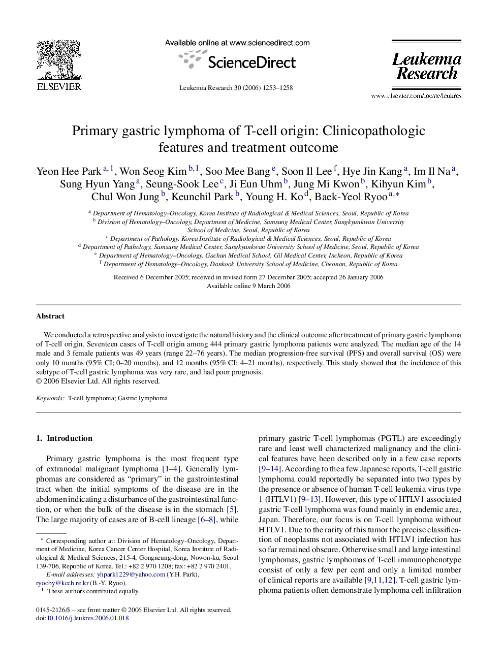 Primary gastric lymphoma of T-cell origin: Clinicopathologic features and treatment outcome