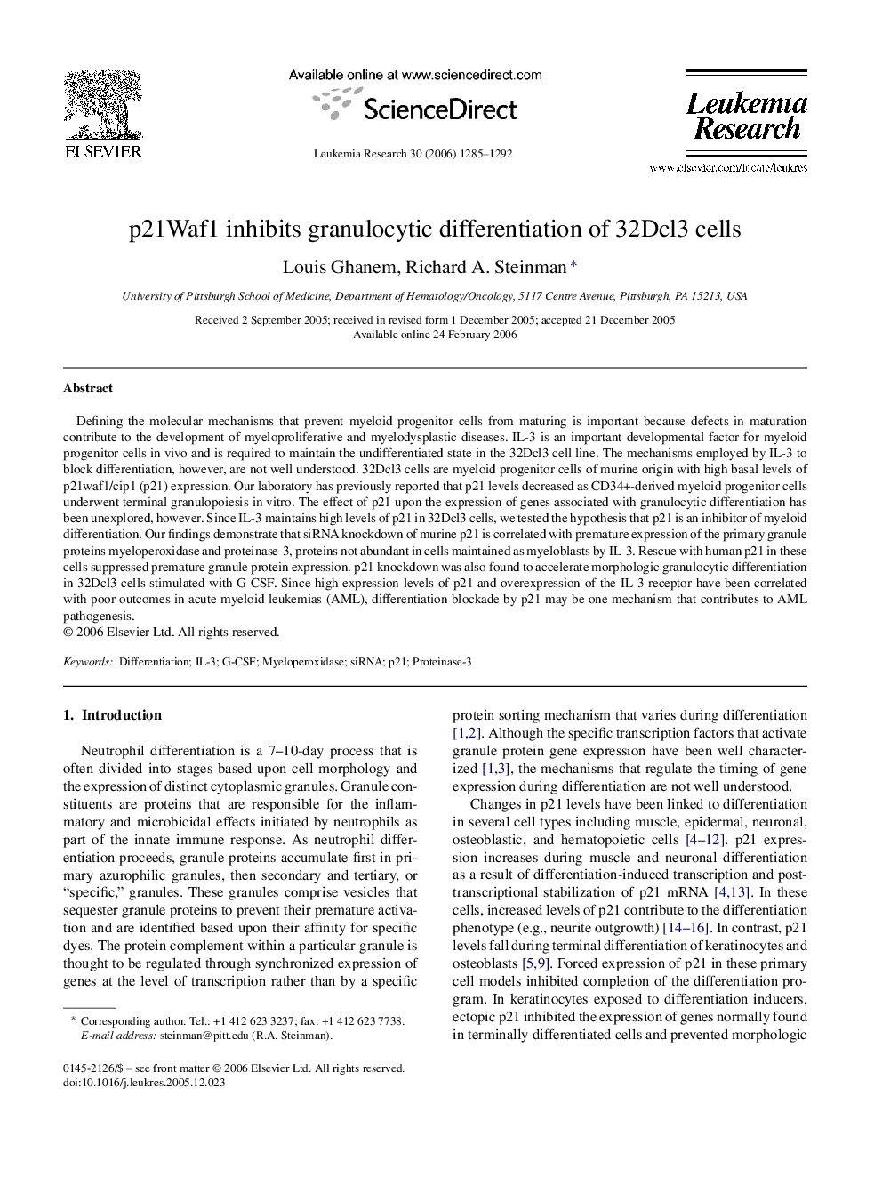 p21Waf1 inhibits granulocytic differentiation of 32Dcl3 cells