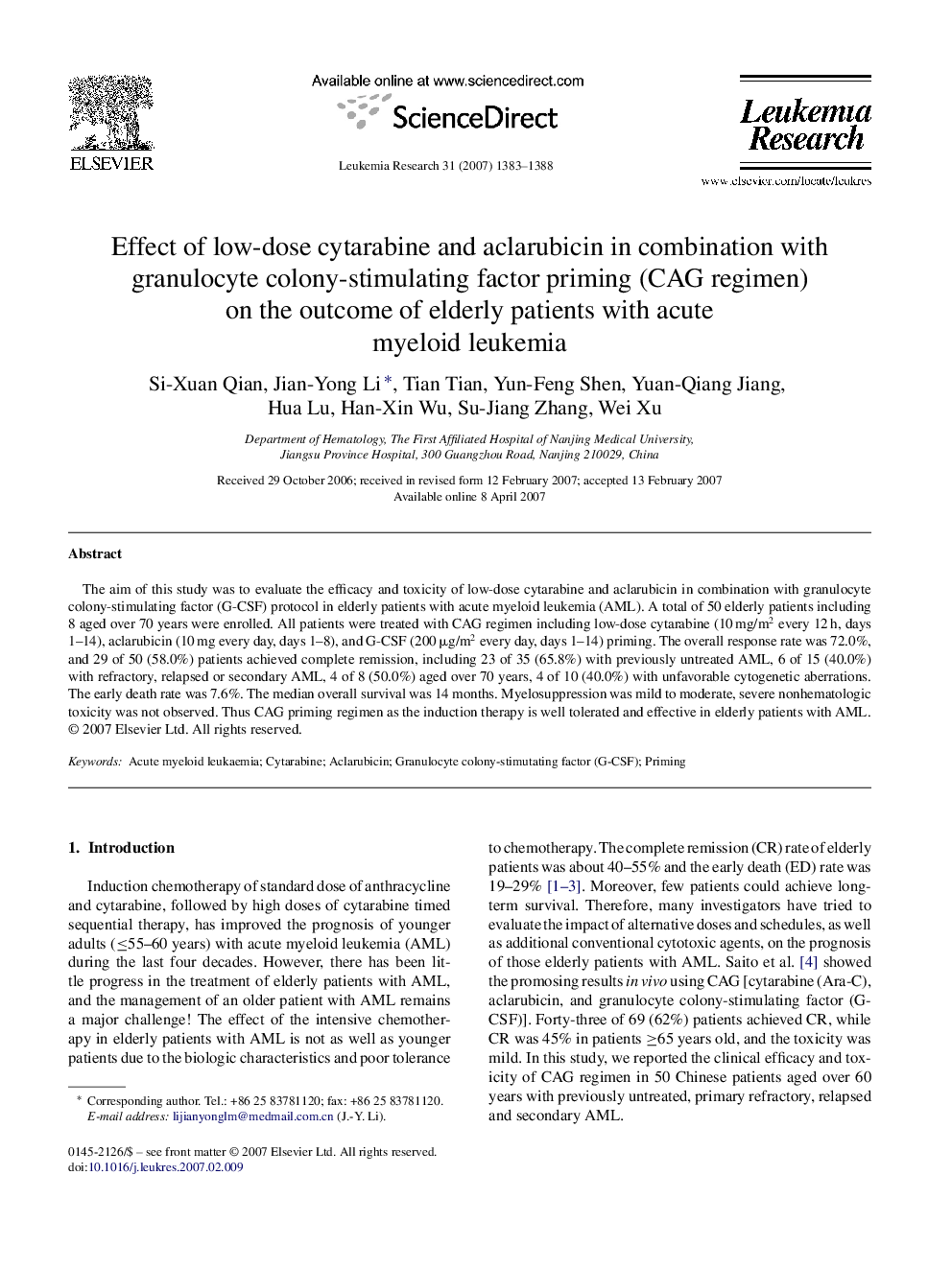 Effect of low-dose cytarabine and aclarubicin in combination with granulocyte colony-stimulating factor priming (CAG regimen) on the outcome of elderly patients with acute myeloid leukemia